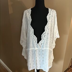 Surf Gypsy Eyelet Tunic Swim Cover-Up, Drawstring, Deep V, Women’s‎ Pure White M